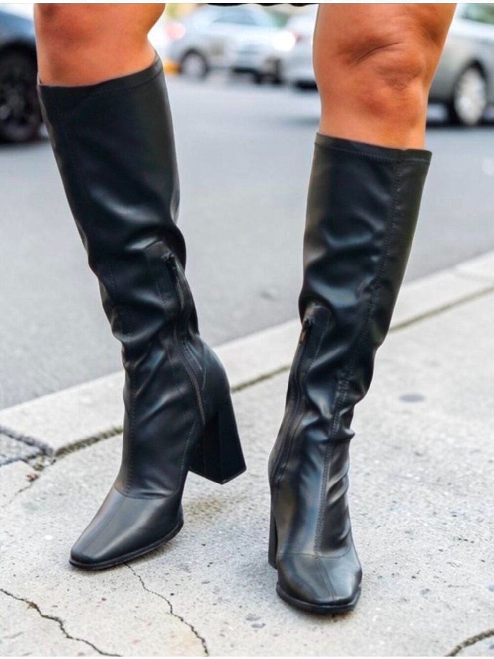 Black Knee-High Square Toe Boots With Side Zipper & Block Heel